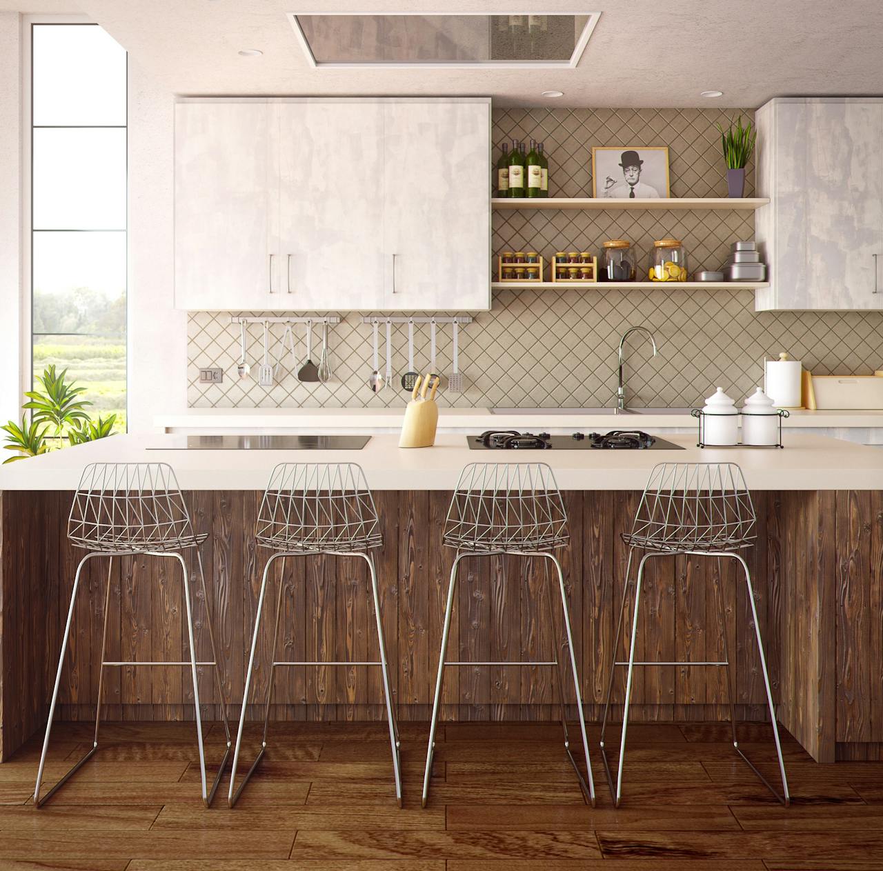 about-01 Chic minimalist kitchen design featuring wooden accents and modern bar stools.